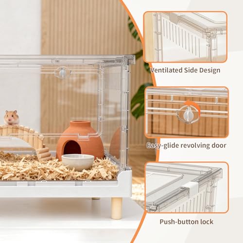 Hamster Cage15.4 High Panoramic Clear Syrian Playhouse | 470 Sq In cozy retreat floor, 6.5" deep burrowing tray, 2.8" elevated thermal legs, 5-min foldable assembly - size: 27.5"L x 16.9"W x 15.4"H