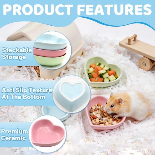 3 Pack Ceramic Hamster Food Bowl, Anti-Turning Heart Hamsters Water Dish | Cute Guinea Pig Food Bowl, Small Animals Bowl for Rabbits Chinchillas Guinea Pig Rat Hedgehog Parrots Small Animals