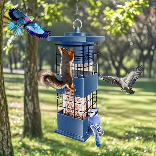 Squirrel Proof Bird Feeder,3.5Lbs Metal,4 Hanging Ports for Cardinal Finch | Weight-Activated Shutoff Blocks Squirrels & Pigeons.Chew-Proof Build For All Weather.Large Capacity,Fast Refilling & Cleaning - color: Blue