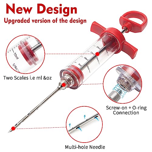 Meat Injector, 1-oz Plastic BBQ Marinade Injector Kit, Turkey Injector Syringe (3 Stainless Steel Meat Needles +3 Replacement O Rings + 1 Cleaning Brush) for Turkey Smoked BBQ Grill