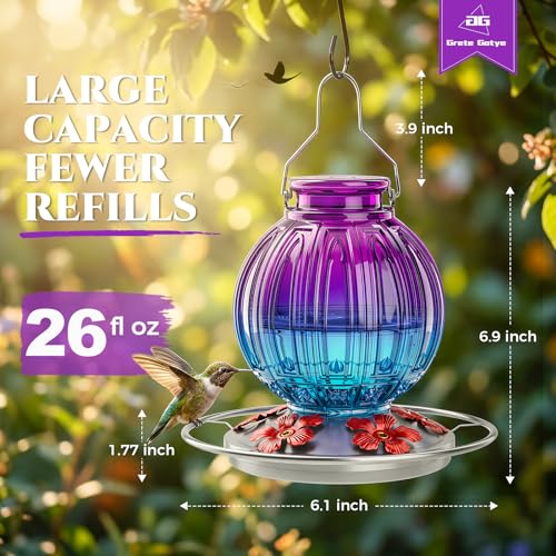 Glass Hummingbird Feeder for Outdoors Hanging, 26 fl oz Bird Nectar Feeder | 5 Metal Flower Feeding Ports, 360° Perch Ring, Easy Refill Clean, Leakproof, Ideal for Backyard Garden Decor, Purple & Blue - color: Purple-Blue Gradient