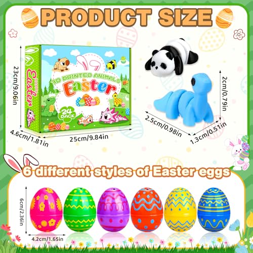 24 Pack Prefilled 3D Printed Animals with Easter Eggs Set Easter Day Gift Figurines Gifts Toys for Kids Basket Stuffers Classroom Prizes Exchange Party Favors