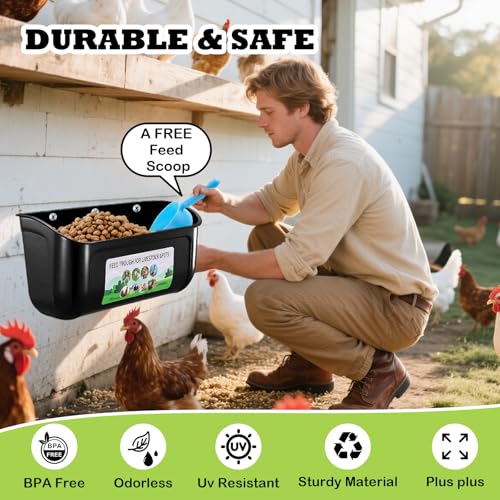 2 Pack Large Goat Feeder, Duck Chicken Feeder Waterer, Hanging Fence Feed Trough with Clips for Goat, Sheeple, Piglet, Gooses, Turkeys, Dog Livestock Poultry, Feed Scoop Included, Black - color: Large Black