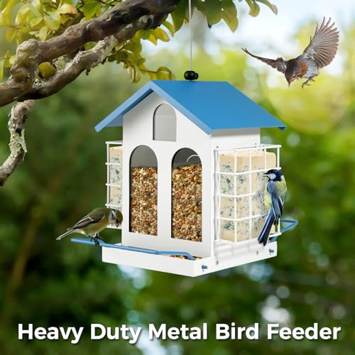 Bird Feeder for Outdoor Hanging, Heavy-Duty Metal Bird Feeder, Waterproof Metal Roof, Double-Layer Suet Cage, Large-Capacity Hanging Bird Feeder