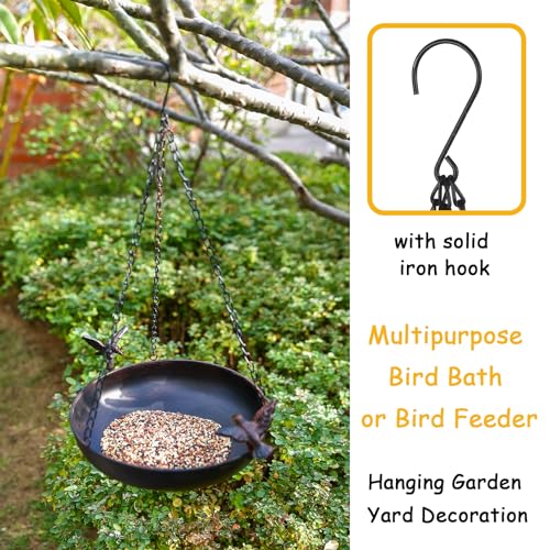 Hanging Bird Bath Feeder for Outdoor 23" H | Metal Birdbath with Cast Iron Bird Decor, Vintage Tray for Garden Yard Patio, Brown - color: Brown
