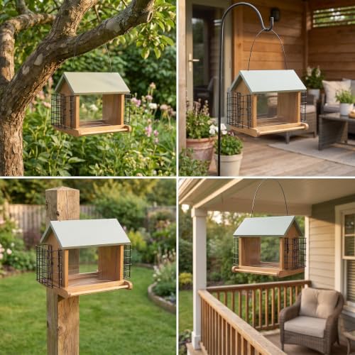 Wood Hopper Bird Feeder with Double Suet Cage, 10 lb Large Capacity Hanging Wild Bird Feeder for Outdoor, Garden Bird Feeder with Weatherproof Roof