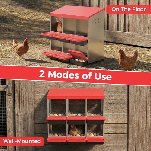 Garvee 6-Hole Chicken Nesting Box with Removable Lid, Metal Chicken Coop with Roll Away Design/Easy Egg Collection/Ventilation Holes, for Chicken Coops, Duck Coops and Hens (RED) - color: RED, size: 6-Hole