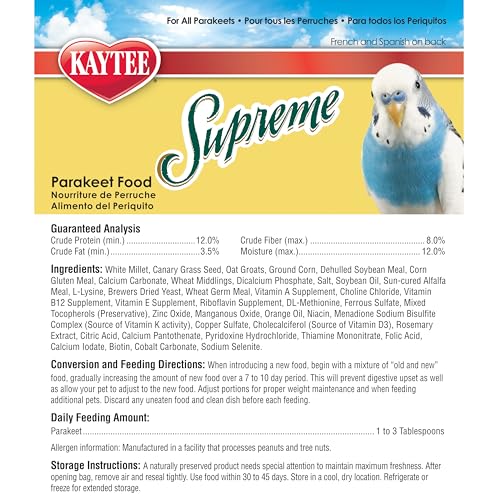 Kaytee Supreme Parakeet Food 20 Pounds | Balanced daily nutrition. Parakeet bird food with seeds and grains. Bird seeds, no artificial colors, naturally preserved - size: 20 Pound (Pack of 1)