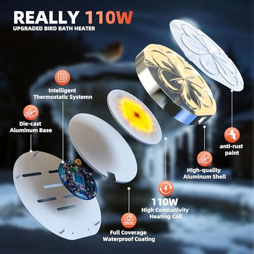 Bird Bath Heater for Outdoors in Winter, 110W Birdbath Water Heater Full-Covered Aluminum, Bird Bath Deicer Pond Deicer with Thermostatically Control, Chicken Water Heater, 4.92 Ft Power Cord (White) - color: White
