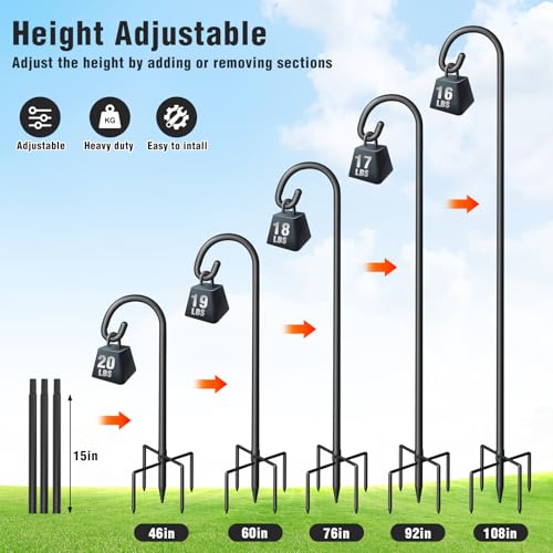 Shepherd Hook for Outdoor, Heavy Duty Bird Feeder Pole with 5 Prong Base, Adjustable Height Bird Feeder Stand Ideal for Hanging Bird Feeders, Plant, and Garden Decorations - size: 108 Inch