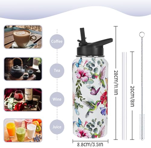 Hummingbird Water Bottle with Straws Insulated Bottle Birds Floral Travel Thermal Double Walled Vacuum Cup Leak Proof Stainless Steel Tumbler Birds Lovers Decor Gifts-32 oz - color: White