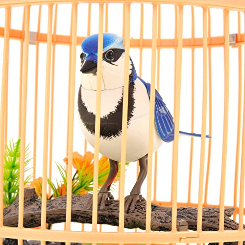 PowerTRC Singing & Chirping Bird in Cage, Realistic Sounds & Movements, Sound Activated, Battery Operated, Great Desk and Room Accessory, Pet Caged Bird Toy (10” x 7”) - color: #1 Blue & White