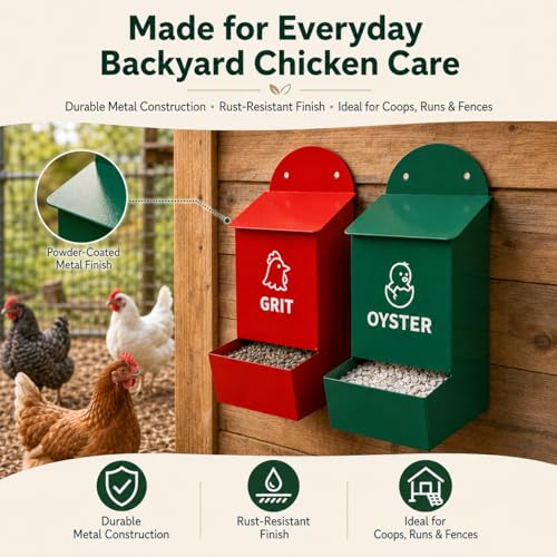 Chicken Grit and Oyster Shell Feeder 2 Pack, Oyster Shell for Chickens and Grit for Chickens Holder, No Waste Chicken Feeder with Rainproof Lids, Drain Holes, Wall Mounted Metal
