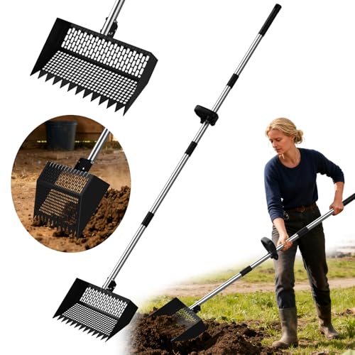 12 Inch Chicken Poop Scooper & Rake, 2-in-1 Stainless Steel Chicken Coop Scoop with Adjustable Handle, Litter Sifting Shovel Cleaning Tools for Chicken Coops, Yard Cleaning, Black[2026 Upgraded]