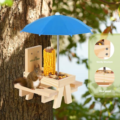 Squirrel Feeder Table with Umbrella, Wooden Squirrel Picnic Table Feeder, Sturdy Squirrel Feeder Corn Cob Holder, with Solid Structure and 2 x Thick Benches(Blue) - color: Blue