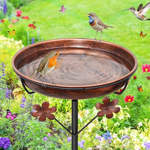 Metal Bird Bath for Outside, Freestanding Birdbaths Bowl Outdoor with Iron Stake, Vintage Spa Birdfeeder Bowl for Garden Patio Yard Lawn Decor, Easy to Clean - color: Vintage Brown, Flowers