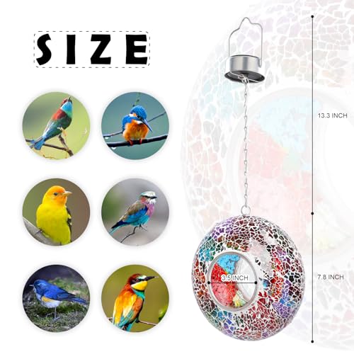 VCUTEKA Bird Feeder, Fly Through Mosaic Solar Birdfeeder for Garden Decor | 8" Mosaic Bird Feeders for Outside Hanging Round Shape Glass Container to Attract More Wild Bird Feeders for Bird Lovers - color: Multi