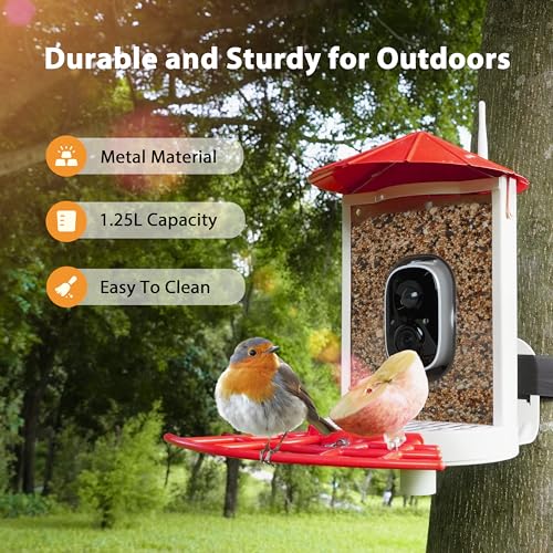 Smart Bird Feeder with Camera Solar, Auto Capture Bird Videos & Motion Detection, Birds Watching Camera Notify in Time, Metal Birds Feeder with Seed Guard, Ideal Present for Mom (Red) - color: Red