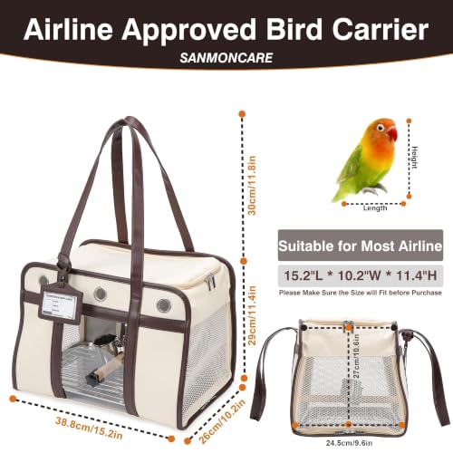 Sanmoncare Airline Approved Bird Carrier for Parrots, Travel Bird Cage Carrier for Cockatiels Conures Small Birds, Portable Pet Carrier Bag with Removable Tray, Breathable Mesh Windows, White - color: Sleek White