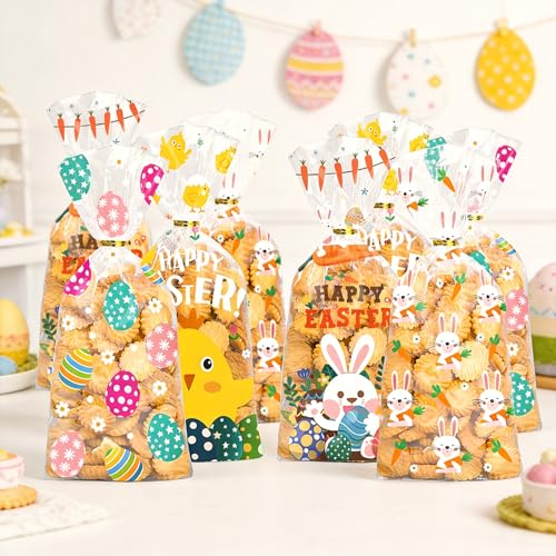 Doneace Easter Treat Bags Clear Easter Cellophane Bags for with Twist Ties for Candy Goodie Cookies Sweet and Gifts Packaging 4 Style Platstic Party Favors Bags 50PCS