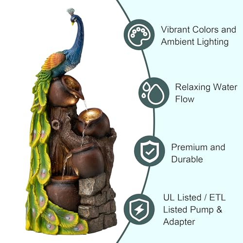 Glitzhome 4-Tier Peacock and Jars Outdoor Water Fountain with LED Light, 40”H Oversized Resin Peacock Sculpture Waterfall Fountain with Submersible Pump for Garden Patio Porch - color: Peacock