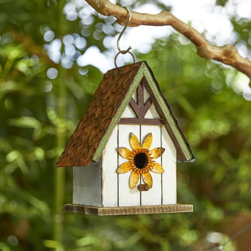 Glitzhome Bird Houses for Outside, Blue Bird Houses for Outdoors, 8.25" H Solid Wood Decorative Hanging Bird House Distressed Cottage Outdoor Garden Birdhouse with 3D Metal Roof and Flower - color: 8.25"H Flower
