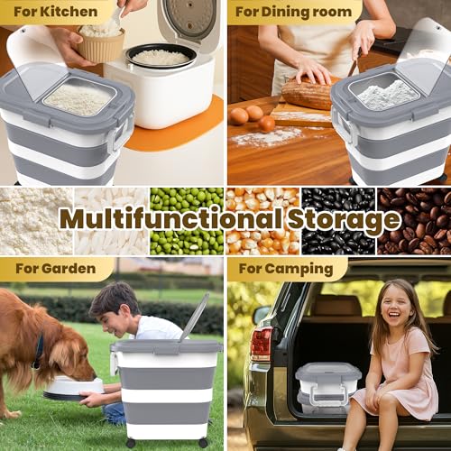 HOYTAMDA 25-35Lbs Rice Container,Collapsible Food Storage Container Wheels | Rice Storage Container with Airtight Locking Lid,Handle,Small Bin &Scoop,Rice Dispenser for Flour Sugar Cereal Grain Dog Cat - color: Grey/25-35lbs