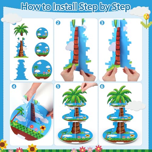 Blue Cupcake Stand Cartoon Themed Birthday Party Decorations 3 Tier Palm Tree Dessert Cake Toppers Stand Decorations Cupcake Holder Tower for Video Games Party Supplies Pixel Baby Shower - style: Cartoon