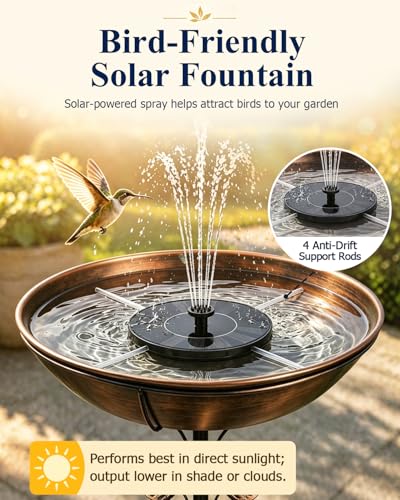 Metal Bird Bath with Solar Fountain for Outside, 3" Deep Removable Bowl Easy to Clean, Solar Powered Birdbaths with 5-Prong Stake, Outdoor Solar Bird Bath for Yard Lawn Decor, 1.4 Gallon