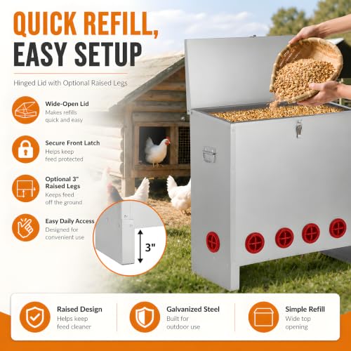 Automatic Chicken Feeder 85-120lbs Capacity, Galvanized Metal Poultry Feeding Equipment, Rainproof & Rodent Proof Large Chicken Food Dispenser for Backyard Coop & Farm Use (10 Ports) - style: 10 Ports(85-120LBS)