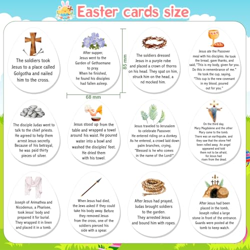 HOWAF Christian Easter Gifts Set, Include 12pcs Resurrection Eggs Stamps and 12 Religious Easter Story Cards for Resurrection Decoration, He is Riren Inking Stamps, Jesus Lives Story Rubber Stampers