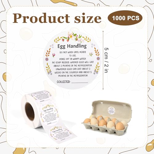 1000pcs Farm Fresh Eggs Stickers, 2in Self-Adhesive Unwashed Egg Labels with Collection Date Markets Food Stickers for Chicken Quail Farm Farmers Packaging Supplies