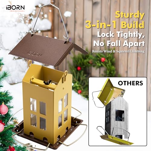 iBorn Bird Feeder House, Metal Bird Feeders for Outdoors Hanging,Double-Sided Metal Hanger & Weatherproof, Easy to Clean & Refill, 2.2 Lbs Capacity, Muted Yellow - color: Muted Yellow