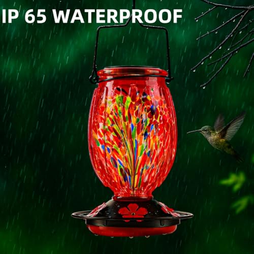 Solar Hummingbird Feeder for Outdoors Hanging Patio Designed 32 Ounces Colorful Hand Blown Glass Hummingbird Feeder 5 Feeding Ports with Perch Never Leak (Red)