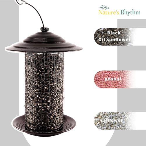 Outdoor Metal Mesh Bird Feeder, Cylindrical Metal Mesh Feeder with Dome Lid Feeder, Holds 2.5lb of Seed, Suitable for Multiple Seeds, Suitable for Multiple Birds