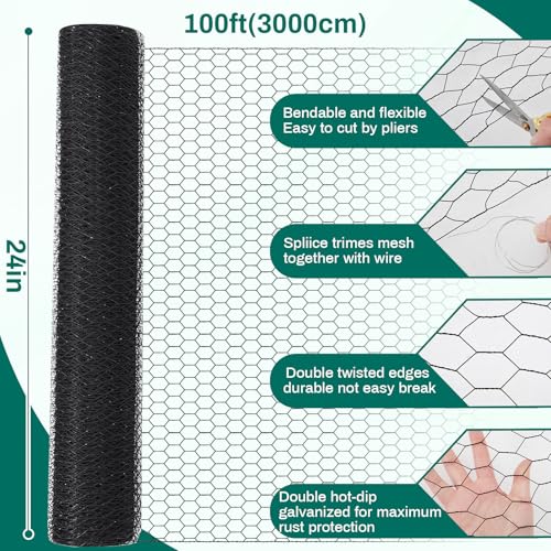 GlikCeil 24 in x 200 ft Chicken Wire Fencing Metal Floral Chicken Wire Mesh for Crafts Poultry Garden, 1 Inch Hexagonal Galvanized Hardware Cloth Netting for Poultry Coop Barrier Rabbit Cage(Black) - color: Black, size: 24 in X 200 ft