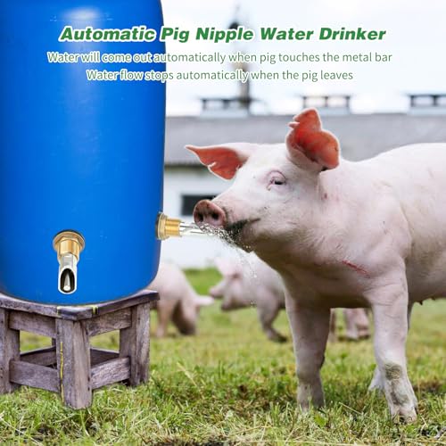 4 Pack Pig Waterer Nipples, Stainless Steel Hog Waterer Kit | 4 Pack Pig Nipple Waterer Kit, Brass Tank Connectors, Touch-Activated Flow, PTFE Tape and Hole Opener, Pigs and Goats