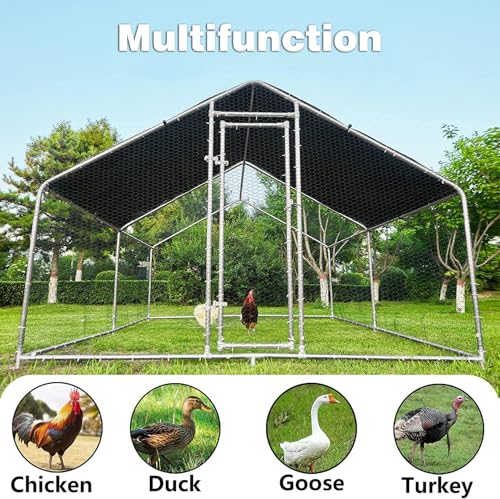 HITTITE Large Metal Chicken Coop with Run, 12.8 x 9.84 x 6.56 ft Walk in Poultry Cage Chicken Run Pen, Outdoor Chicken Runs for Yard with Waterproof & Anti-UV Cover - size: 153.6"L x 118.0"W x 79.2"H