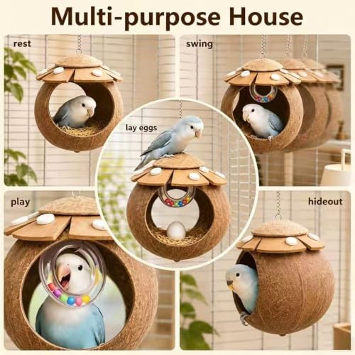 Handcrafted Coconut Bird Nest and Breathable Cage Hide Hut, Multi-Purpose Bird Cage Accessories, Suitable for Parakeets, Budgies, Lovebirds, Parrots, Hamsters and Small Pets