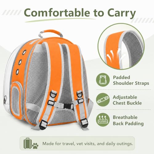 Expandable Cat Carrier Backpack with Bubble Window, Orange | Breathable mesh, anti-collapse frame, side door, safety leash and escape-resistant zippers for vet visits and outdoor travel. - color: Orange