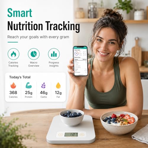 URAMAZ Smart Food Scale with Nutritional Calculator, Digital Kitchen Scale with Bluetooth App for Weight Loss, Food Weight Scale for Diet, Keto, Macro, Calories Counting, Tracking, 11lb - color: White