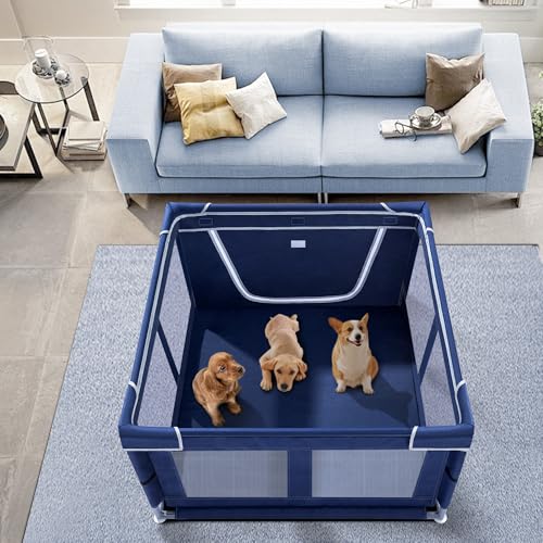 Puppy Playpen Indoor for Dog Small Pets, Dog Playpen 42x42x25 Inch, Dog Play Pen with Gate for Outdoor and Indoor, Oxford Fabric Pet Playpen for Puppy, Anti-Tipping Dog Enclosure with Zipper Door - color: Royal Blue, style: 42 Inch w/o top