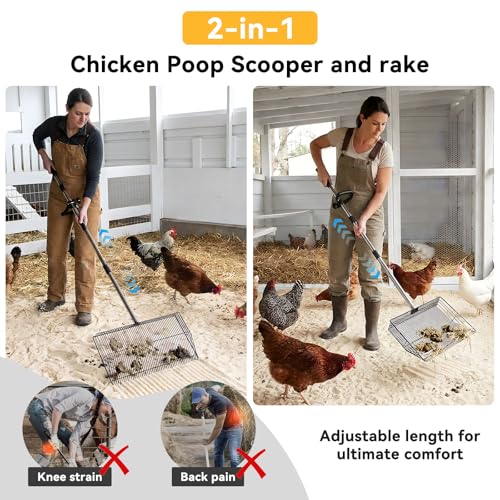 AiQInu 2-in-1 Chicken Poop Scooper & Rake for Chicken Coop, Goat Stall | Adjustable Stainless Steel Poop Scoop with 24"-90" Long Handle, Sifting Shovel for Stable Cleaning