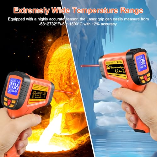 -58°F to 2732°F Digital Infrared Thermometer Gun, 50:1 Distance Ratio Laser Temperature Gun with MAX/MIN/AVG Measure and Alarm, Heat IR Temp Gun for Cooking, Griddle, HVAC, Industrial Forging - color: Coral