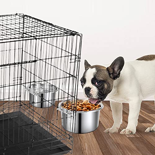 Crate Food and Water Bowl, ShineMe 2 Pack Stainless Steel Hanging Pet Bowls for Crates Kennels Cages, Metal Dog Crate Bowls Hanging No Spill for Medium and Large Pets (7.1 * 3.5” & 5.5 * 3.2”) - color: Silver (60oz+30oz)