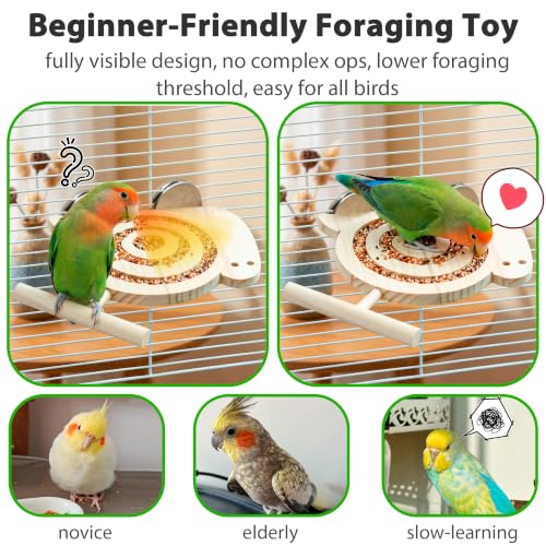 Bird Foraging Toys with Perch, for Novice/Older/Slow-Learning Birds | Kiln-Dried Wood Bird Enrichment Toys for Slow Feeder, Parakeet Puzzle Toy for Cages Reduce Seed Mess, Visible Food Design - size: no mirror