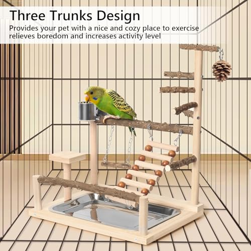 Wood Pet Parrot Playground Bird Play Stand Toys Perch with Feeder Cups for Cockatiel Parakeet Lovebirds Conure (Natural) - color: Natural