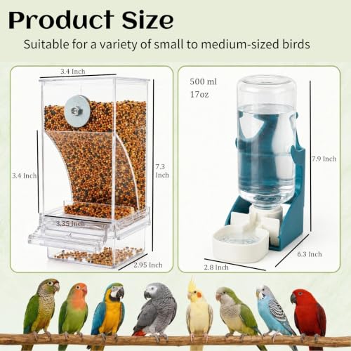 No Mess Bird Feeder Water Dispenser Automatic Parrot Feeder for Cage Bird Food Container Feeding Station Cage Accessories for Cockatiel Cockatoo Canary Lovebirds - color: Blue+Transparent, size: 2Pcs