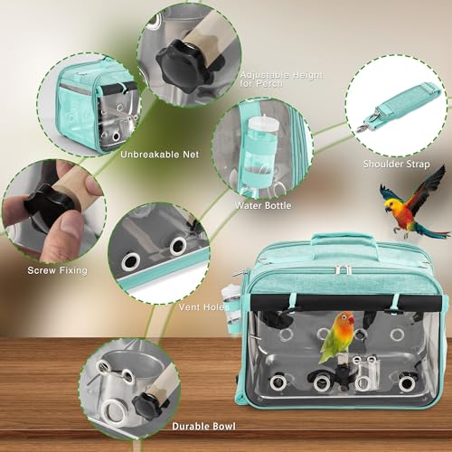 Bird Carrier Airline Approved, Bird Travel Cage with Indestructible Stainless Steel Mesh, Bird Travel Bag Lightweight and Portable with Water Bottle and Bowl - color: Green