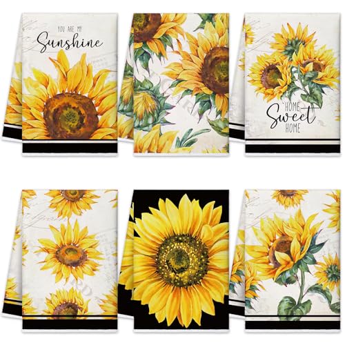Oudain 6 Pcs Sunflower Kitchen Towels Summer Sunflower Floral Hand Dish Towels Absorbent Fast Drying Hand Tea Vintage Hanging Reusable Cleaning Dishcloths for Cooking Farmhouse Bathroom Accessory - color: Sunflower